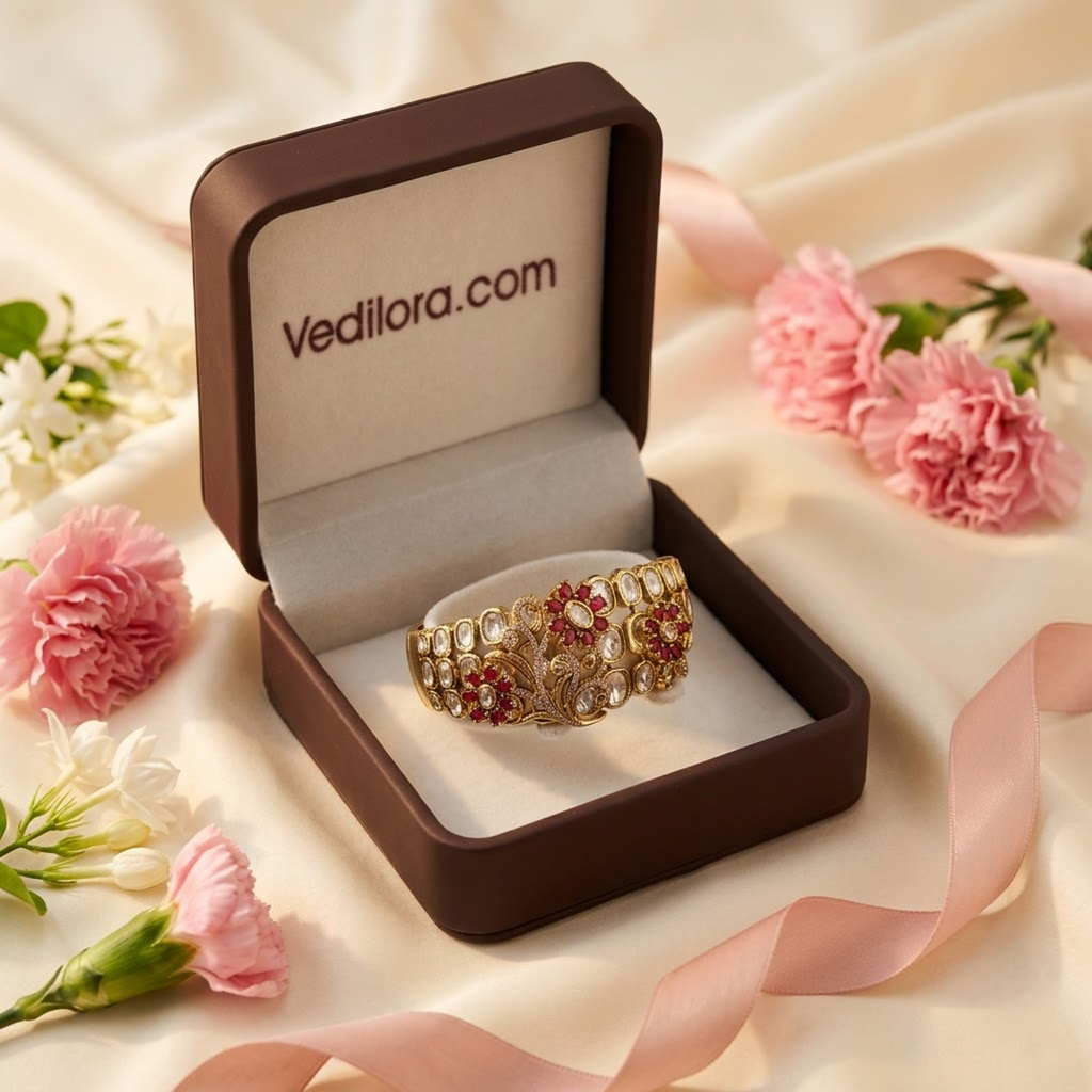 Ruby Red & White Stone Floral Statement Bracelet