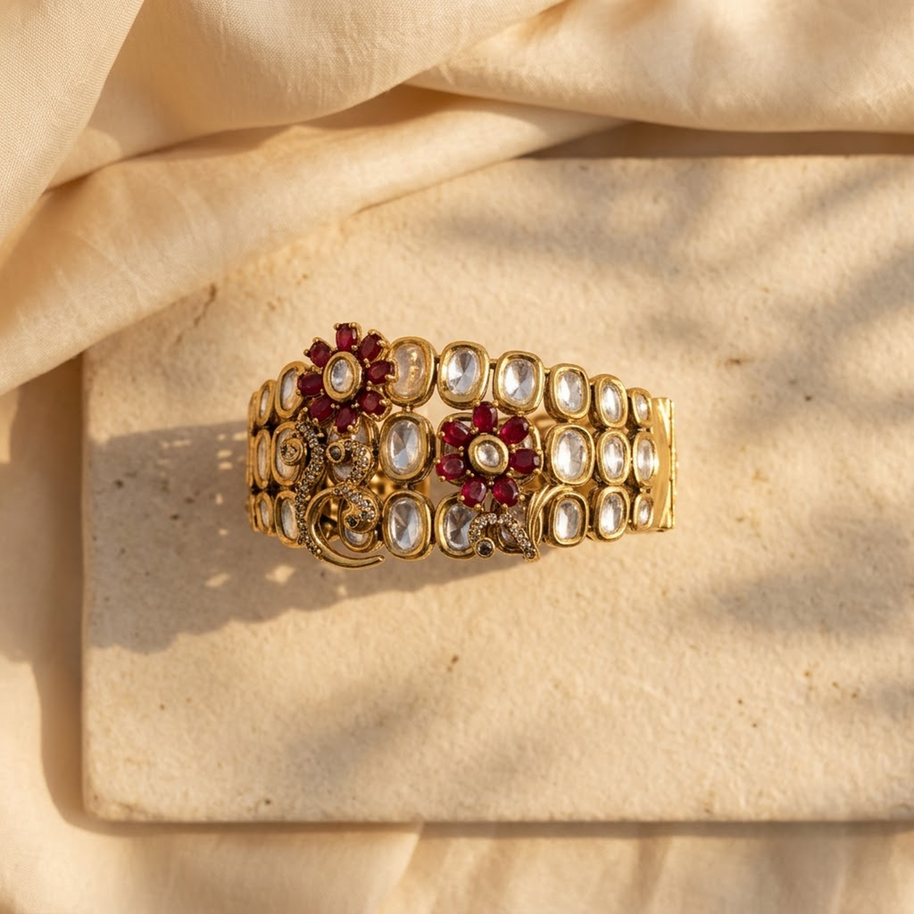 Ruby Red & White Stone Floral Statement Bracelet