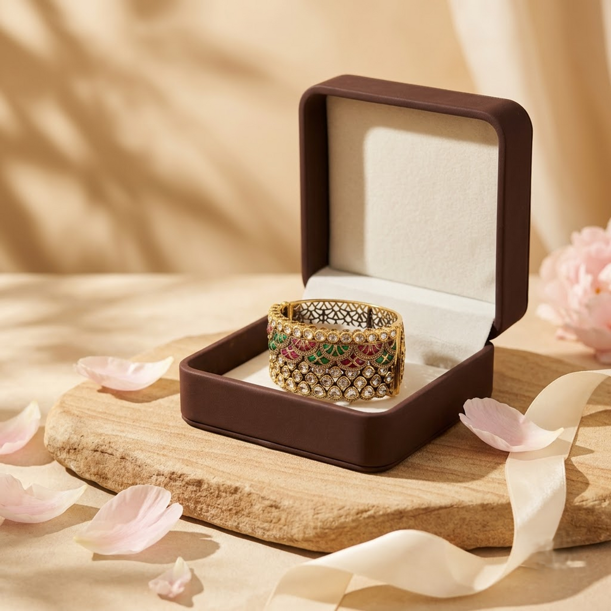 Emerald Green & Ruby Floral Statement Bracelet