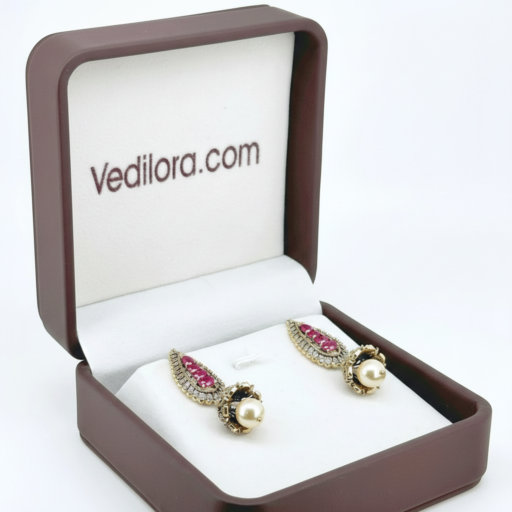 Elegant Pink Kundan-Inspired Pearl Jhumka Earrings