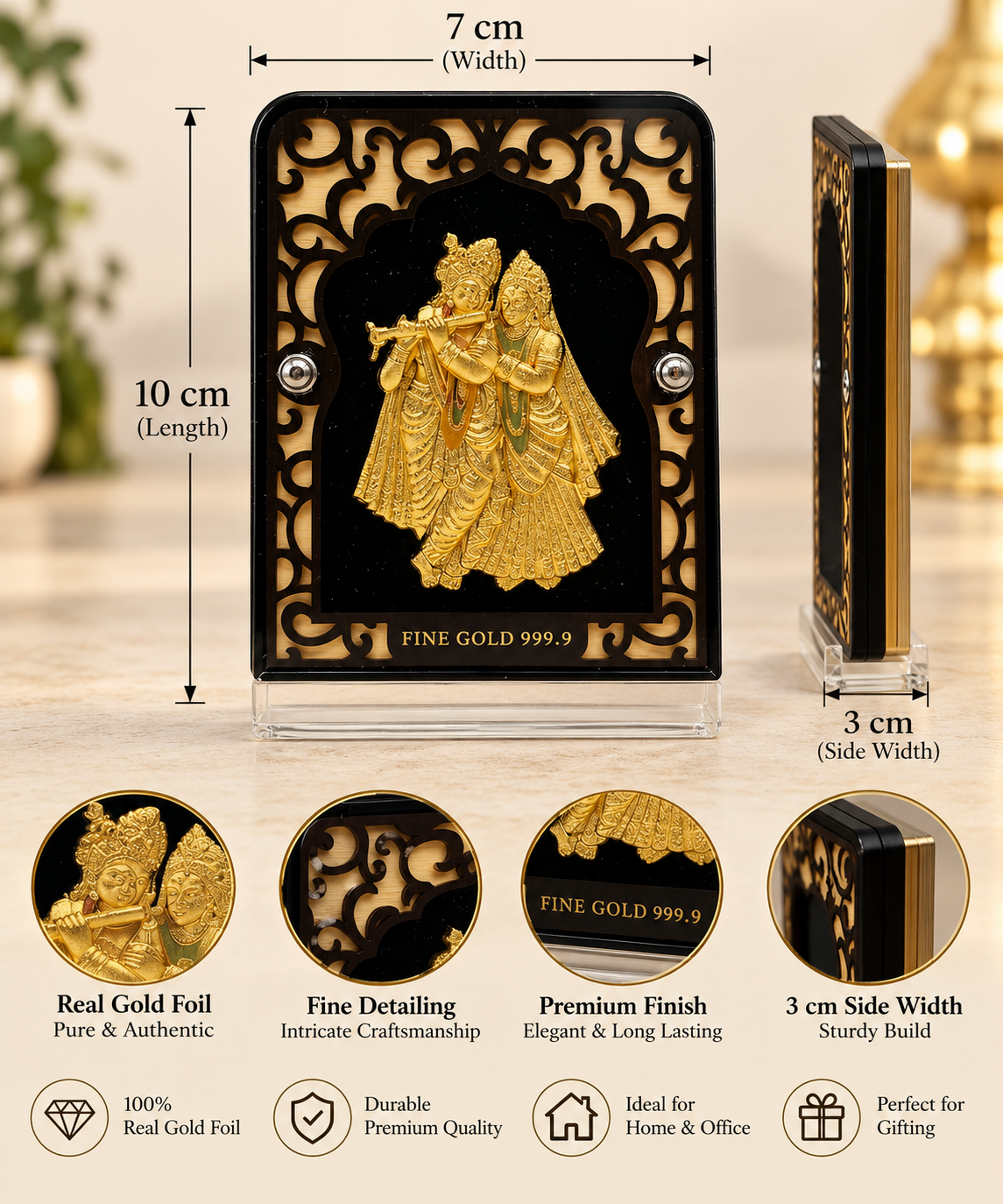 Divine Radha Krishna 24K Real Gold Foil Frame with Premium Pen