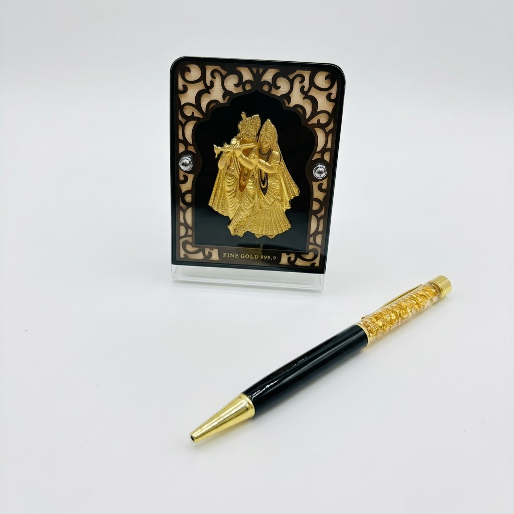 Divine Radha Krishna 24K Real Gold Foil Frame with Premium Pen