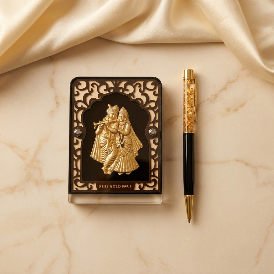 Divine Radha Krishna 24K Real Gold Foil Frame with Premium Pen