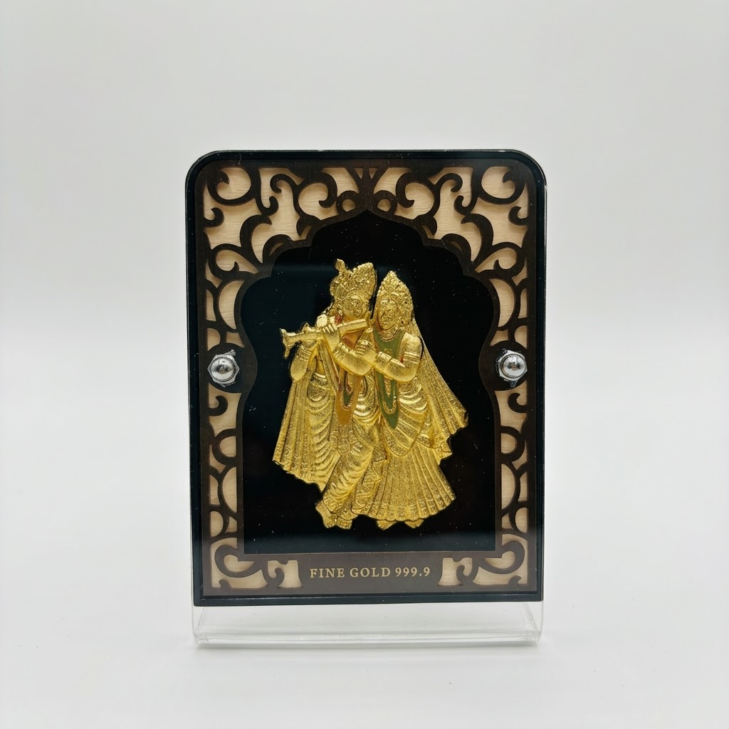 Divine Radha Krishna 24K Real Gold Foil Frame with Premium Pen