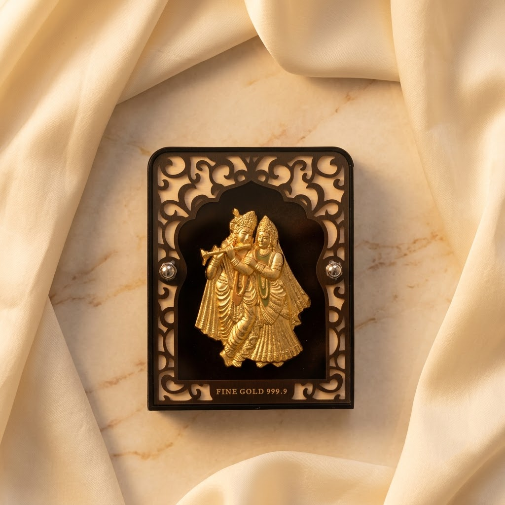 Divine Radha Krishna 24K Real Gold Foil Frame with Premium Pen