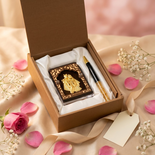 Divine Radha Krishna 24K Real Gold Foil Frame with Premium Pen