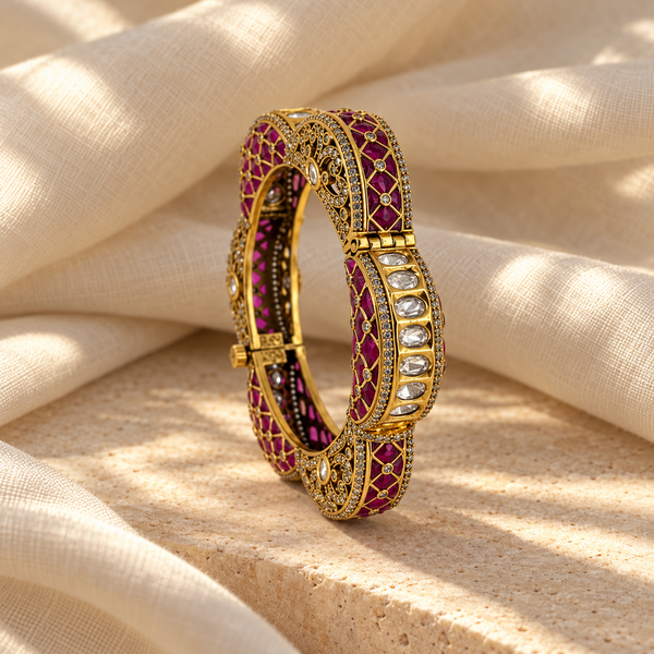 Elegant Lotus Kada with Intricate White Stone & Gold-Tone Detailing