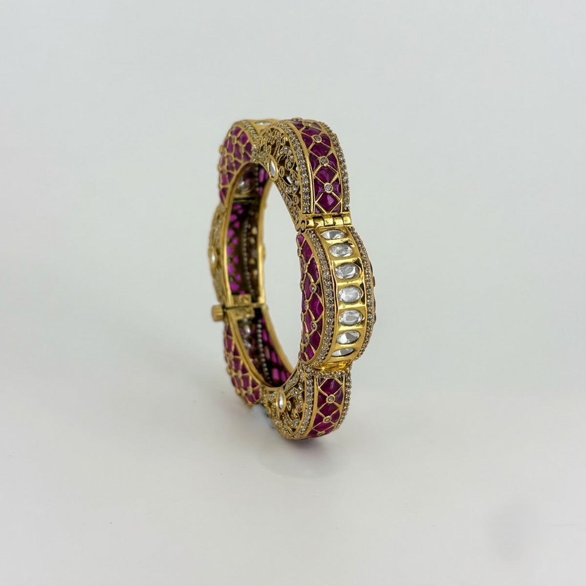 Elegant Lotus Kada with Intricate White Stone & Gold-Tone Detailing