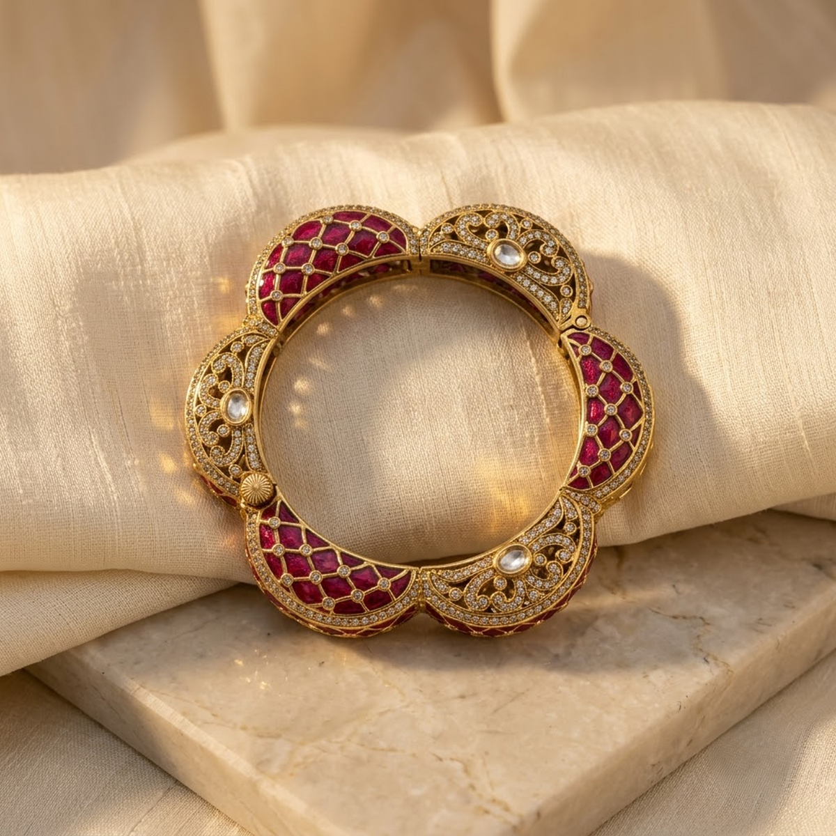 Elegant Lotus Kada with Intricate White Stone & Gold-Tone Detailing
