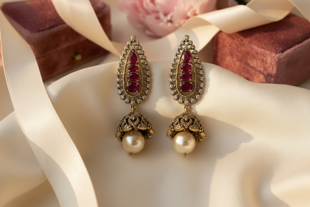 Elegant Pink Kundan-Inspired Pearl Jhumka Earrings