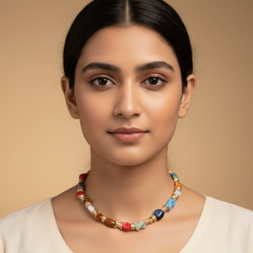 Gilded Multi-Hue Artisan Stone Necklace